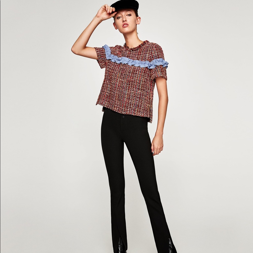ZARA Tweed Top With Contrasting Ruffle